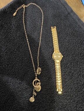 Vintage Guess Gold-Tone Pendant Necklace and Matching Gold Watch